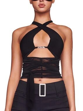 I AM GIA Black Crisscross Halter Crop Top